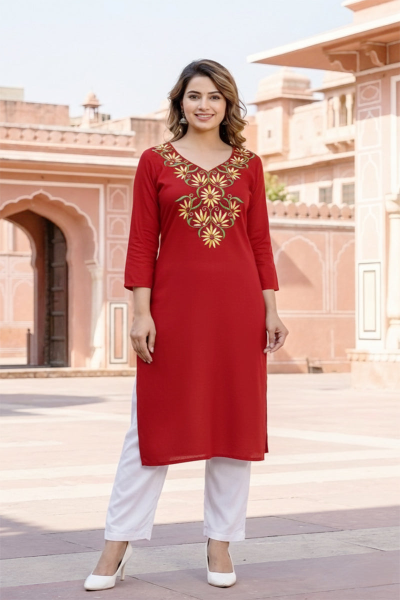 SRS Fashion Red Embroidered Rayon Straight Kurta Set | Grocsy