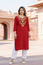 SRS Fashion Red Embroidered Rayon Straight Kurta Set | Grocsy