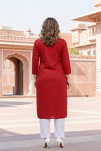 SRS Fashion Red Embroidered Rayon Straight Kurta Set | Grocsy