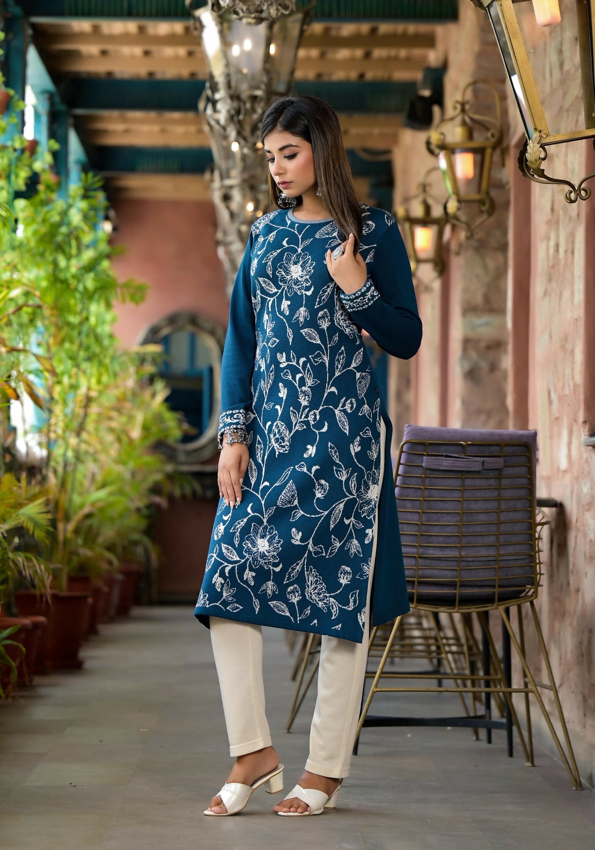 Juniper Women's Blue Floral Printed Polycotton Straight Round Neck Women Kurta | Grocsy