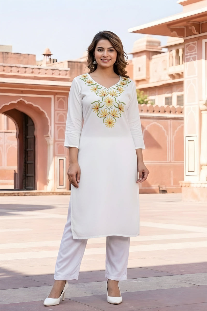 SRS Fashion White Embroidered Rayon Straight Kurta Set | Grocsy