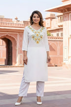 SRS Fashion White Embroidered Rayon Straight Kurta Set | Grocsy
