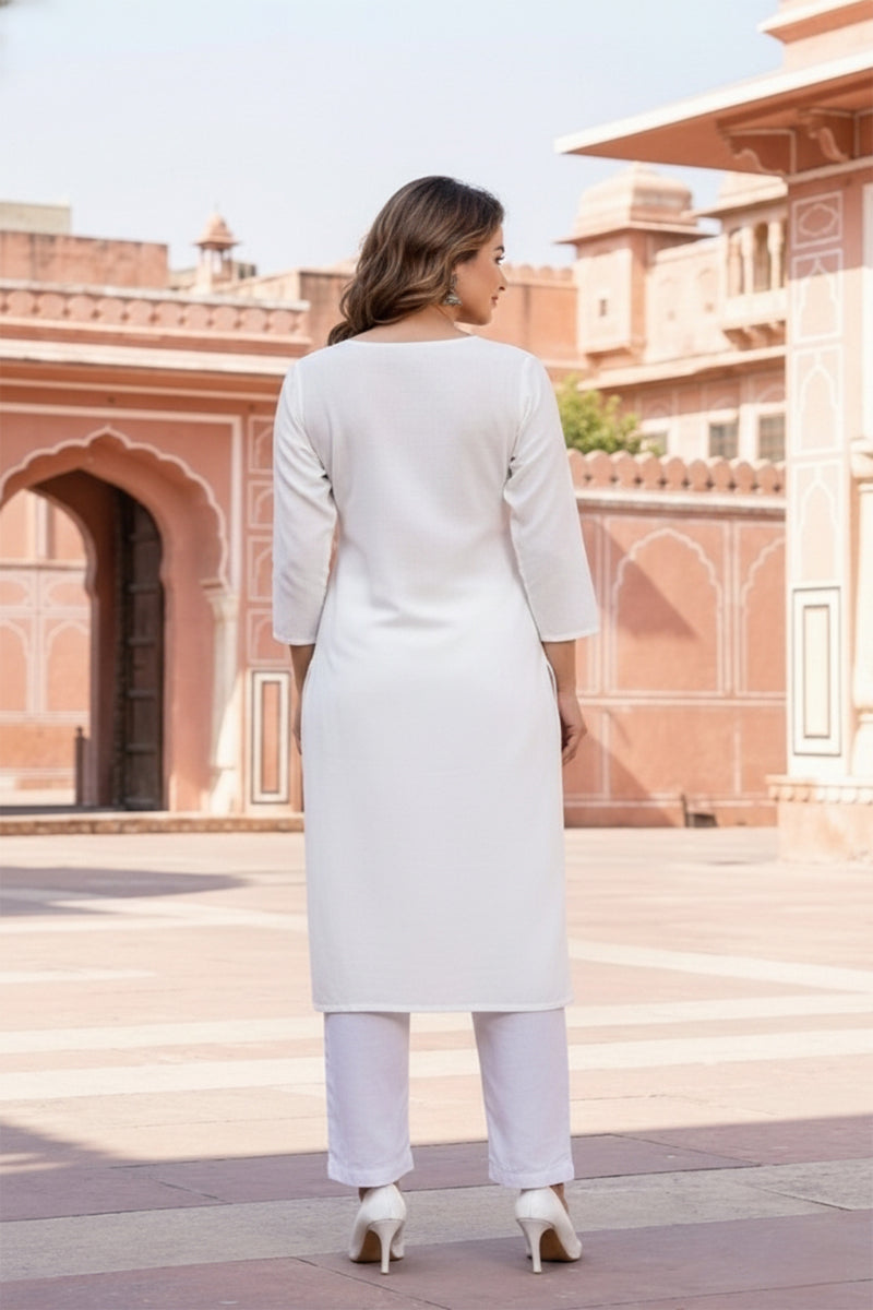 SRS Fashion White Embroidered Rayon Straight Kurta Set | Grocsy