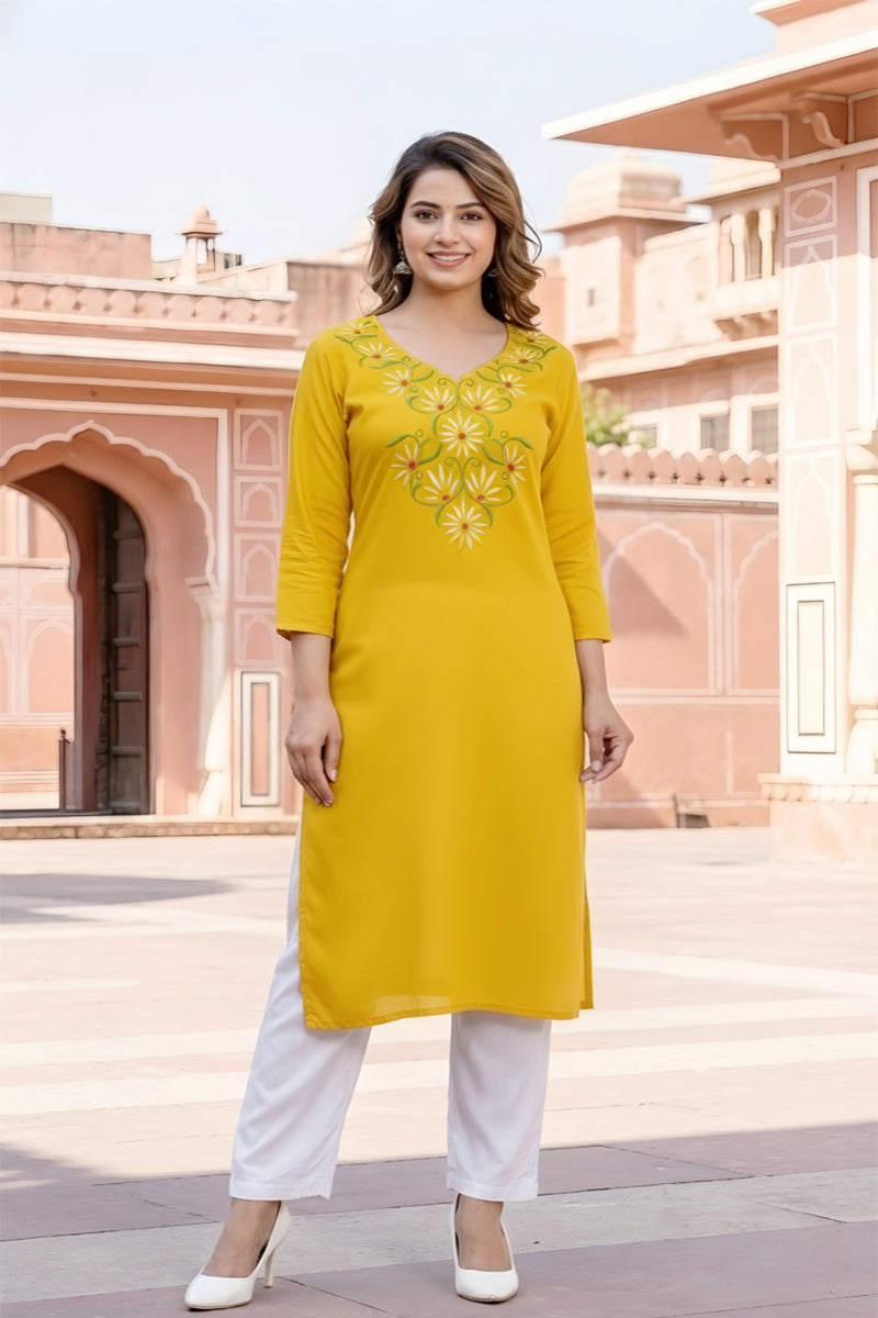 SRS Fashion Yellow Embroidered Rayon Straight Kurta Set | Grocsy