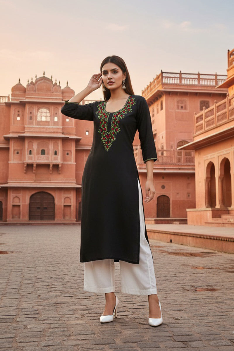 SRS Fashion Black Embroidered Rayon Straight Kurta Set | Grocsy