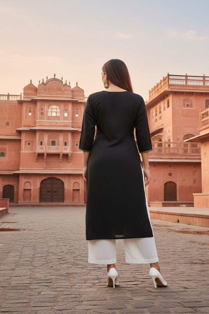 SRS Fashion Black Embroidered Rayon Straight Kurta Set | Grocsy