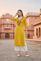 SRS Fashion Yellow Embroidered Rayon Straight Kurta Set | Grocsy