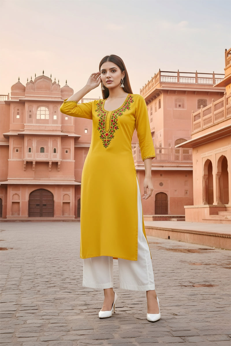 SRS Fashion Yellow Embroidered Rayon Straight Kurta Set | Grocsy