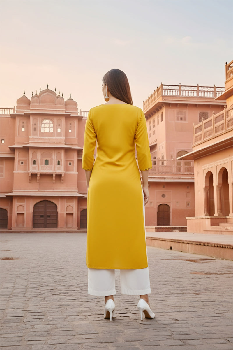 SRS Fashion Yellow Embroidered Rayon Straight Kurta Set | Grocsy