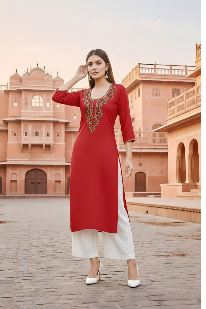 SRS Fashion Red Embroidered Rayon Straight Kurta Set | Grocsy