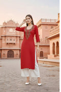 SRS Fashion Red Embroidered Rayon Straight Kurta Set | Grocsy