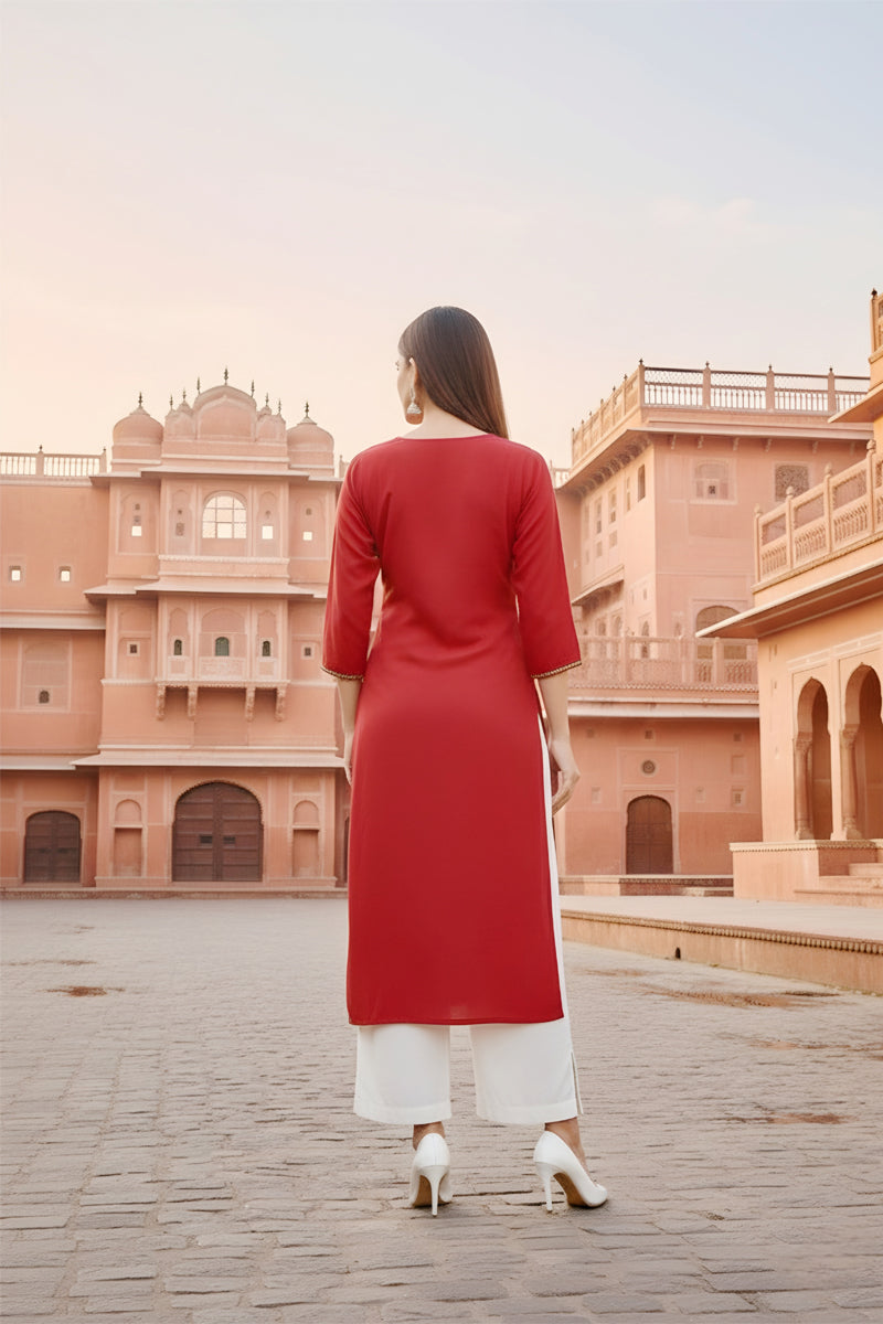 SRS Fashion Red Embroidered Rayon Straight Kurta Set | Grocsy