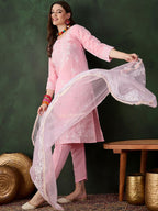 Sangria Pink and White Floral Embroidered Thread Work Cotton Kurta & Trouser With Dupatta | Grocsy