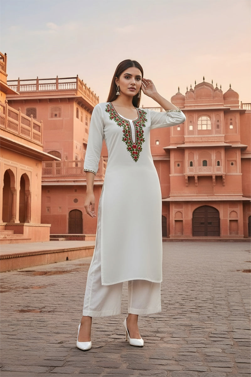 SRS Fashion White Embroidered Rayon Straight Kurta Set | Grocsy