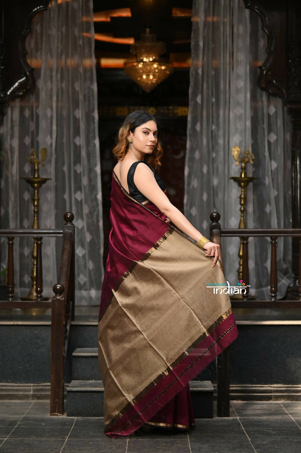 Very Much Indian VMI Exclusive Designer! Handloom Cotton Silk Saree With Sleek Golden Border - Maroon Shade | Grocsy