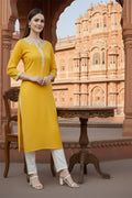 SRS Fashion Yellow Embroidered Rayon Straight Kurta Set | Grocsy