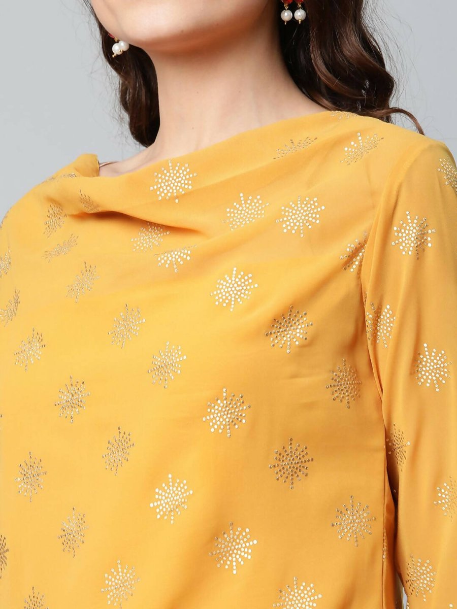 Ahalyaa Womens Mustard Georgette Gold Foil Printed Kurta Sharara Set With Dupatta | Grocsy
