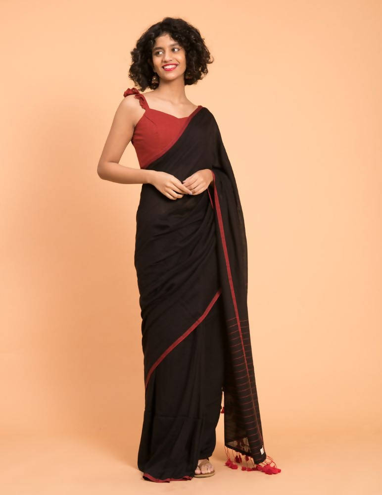 Suta Black Maroon Solid Cotton Saree | Grocsy