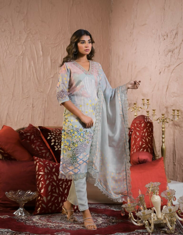 Ethnic Festive Wear Organza Pista Stitched Suit With Dupatta - Tanisha | Grocsy