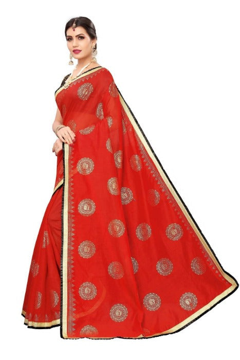 Vamika Chanderi Cotton Foil Print Red Saree (GOLDEN BIRD Red) | Grocsy