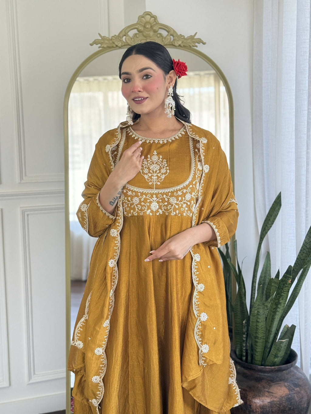 The52 Mustard Women's Gorgeous Embroidered Vichitra Silk Fabric Flared Kurta Pant with Dupatta Set | Grocsy