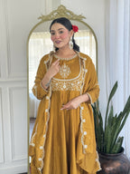 The52 Mustard Women's Gorgeous Embroidered Vichitra Silk Fabric Flared Kurta Pant with Dupatta Set | Grocsy