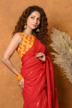 Very Much Indian Pure Mul Cotton Handloom Saree - Red | Grocsy