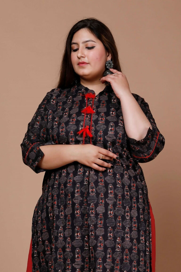 Miravan Women's Plus Size Black Printed Pure Cotton Kurta With Skirt | Grocsy