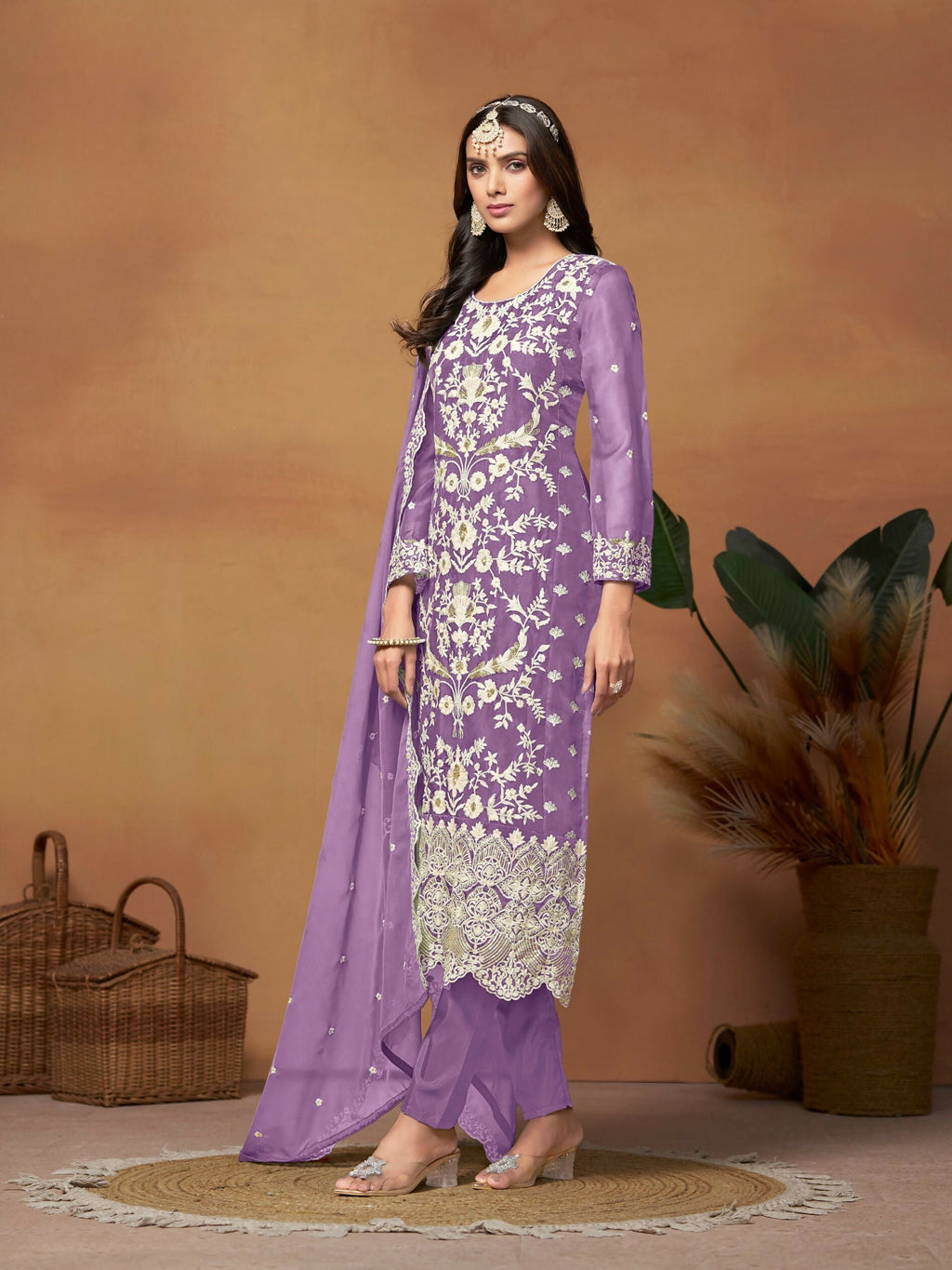 Anaita Lavender Embroidered Soft Organza Salwar Suit | Grocsy