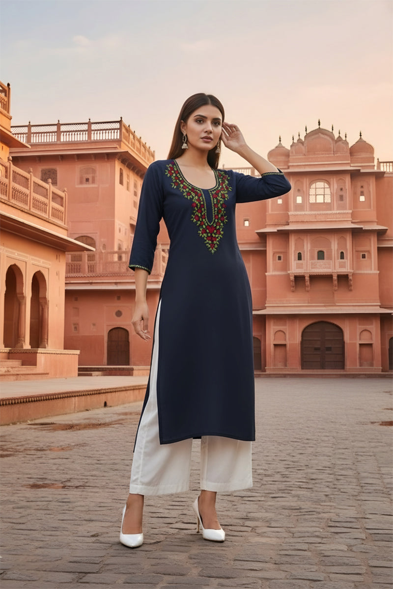 SRS Fashion Blue Embroidered Rayon Straight Kurta Set | Grocsy