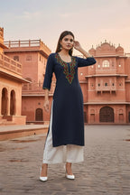 SRS Fashion Blue Embroidered Rayon Straight Kurta Set | Grocsy