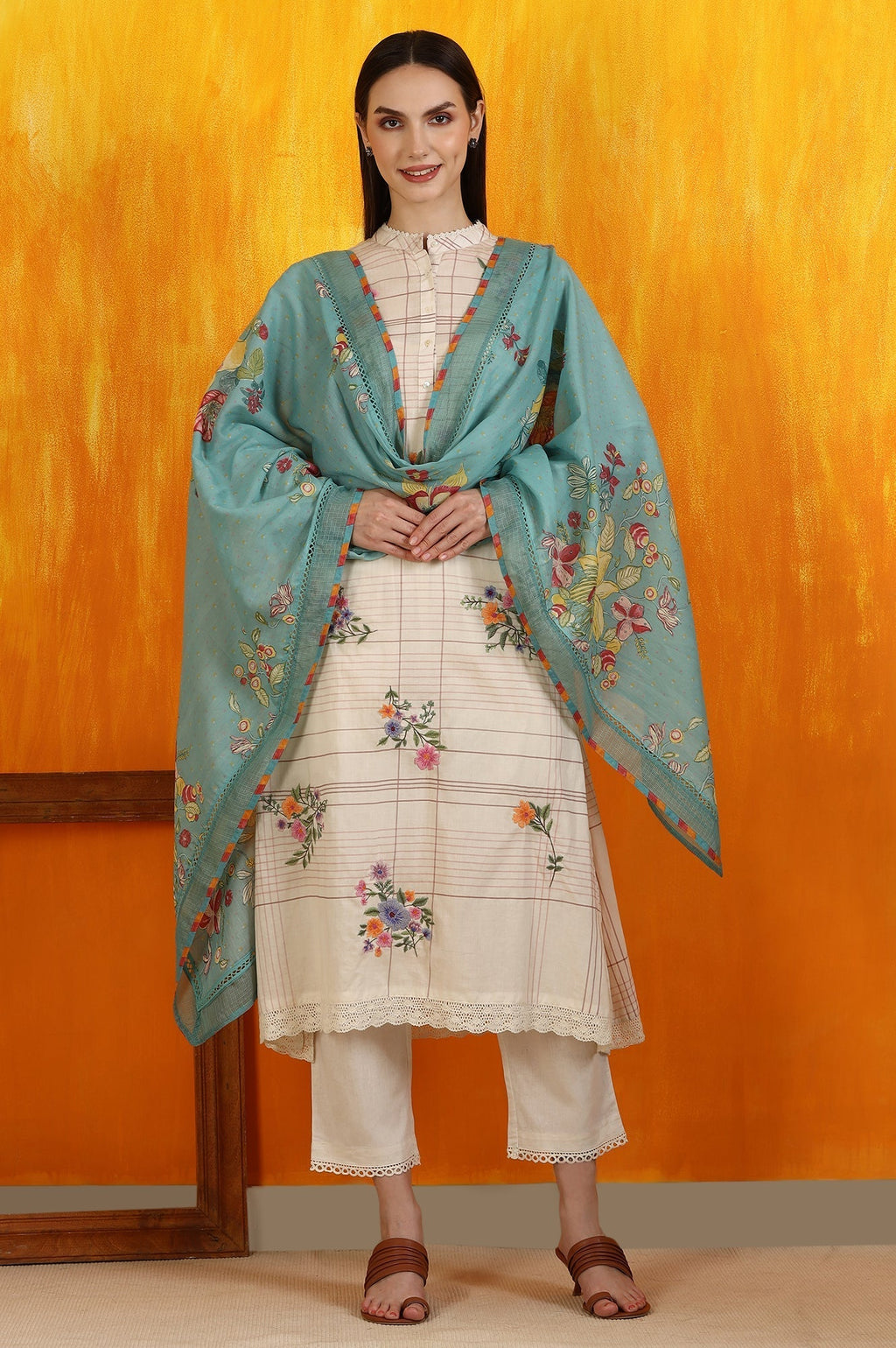 W for Woman Reef Blue Floral Printed Pure Cotton Dupatta | Grocsy