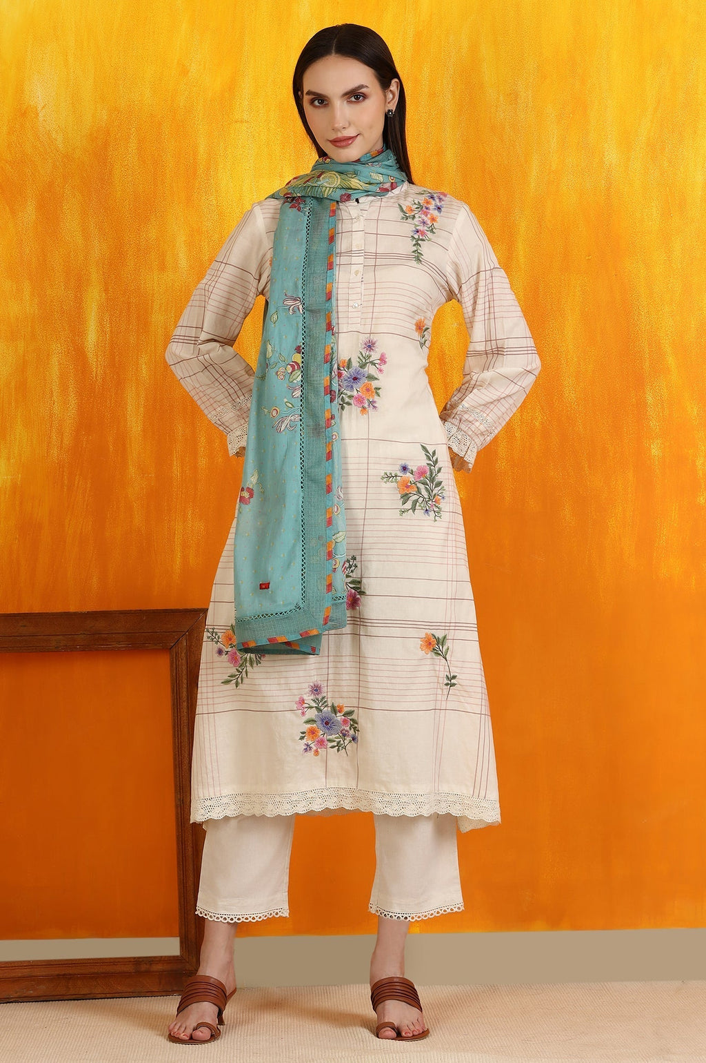 W for Woman Reef Blue Floral Printed Pure Cotton Dupatta | Grocsy
