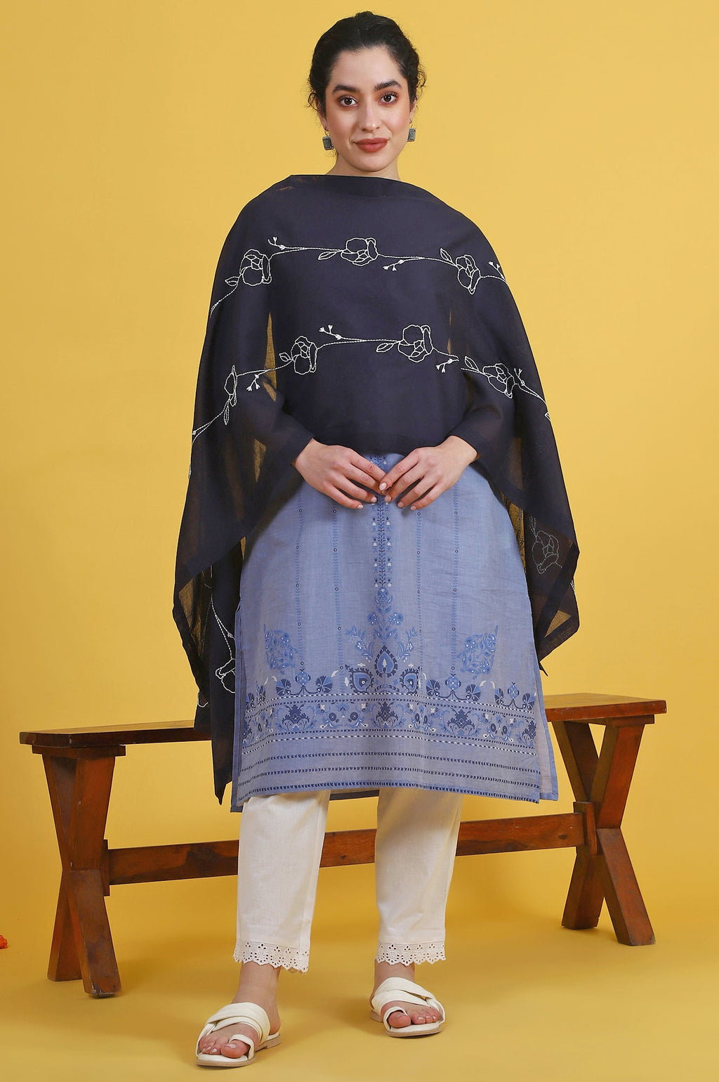W for Woman Black Thread Embroidered Cotton Voile Dupatta | Grocsy