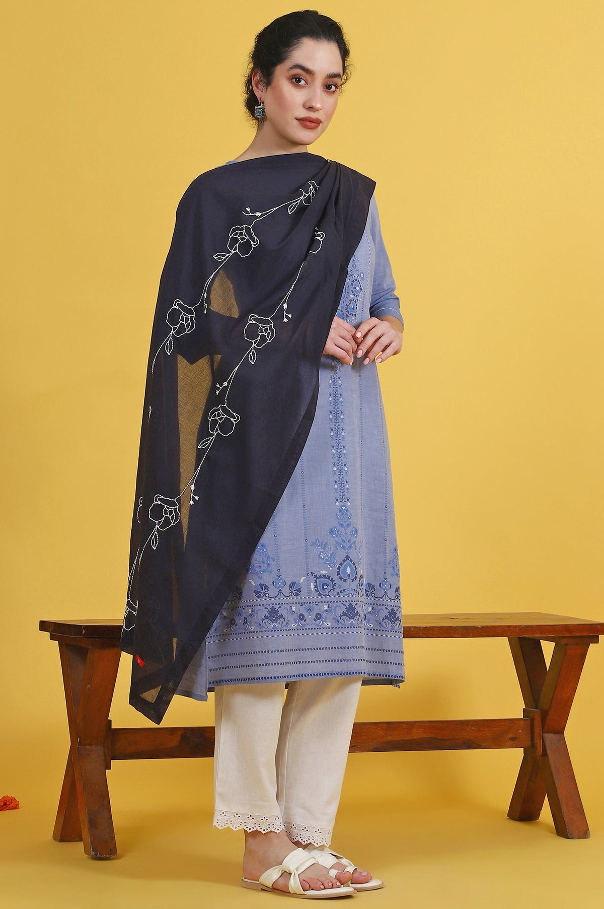 W for Woman Black Thread Embroidered Cotton Voile Dupatta | Grocsy