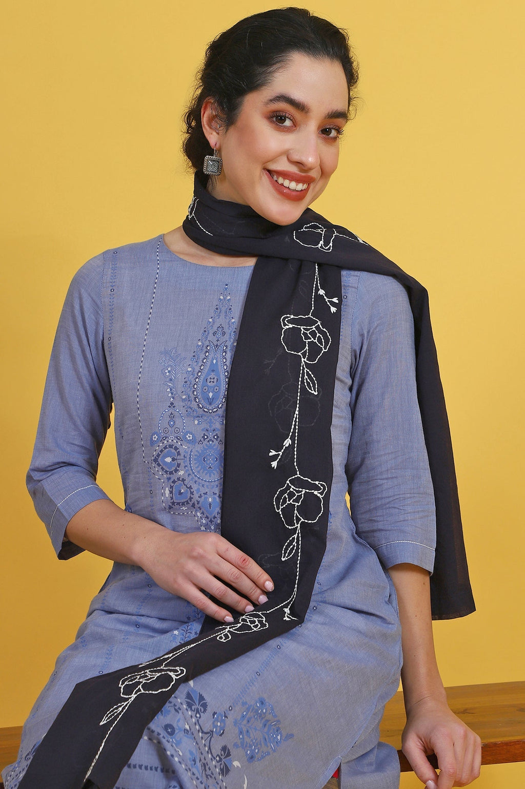 W for Woman Black Thread Embroidered Cotton Voile Dupatta | Grocsy