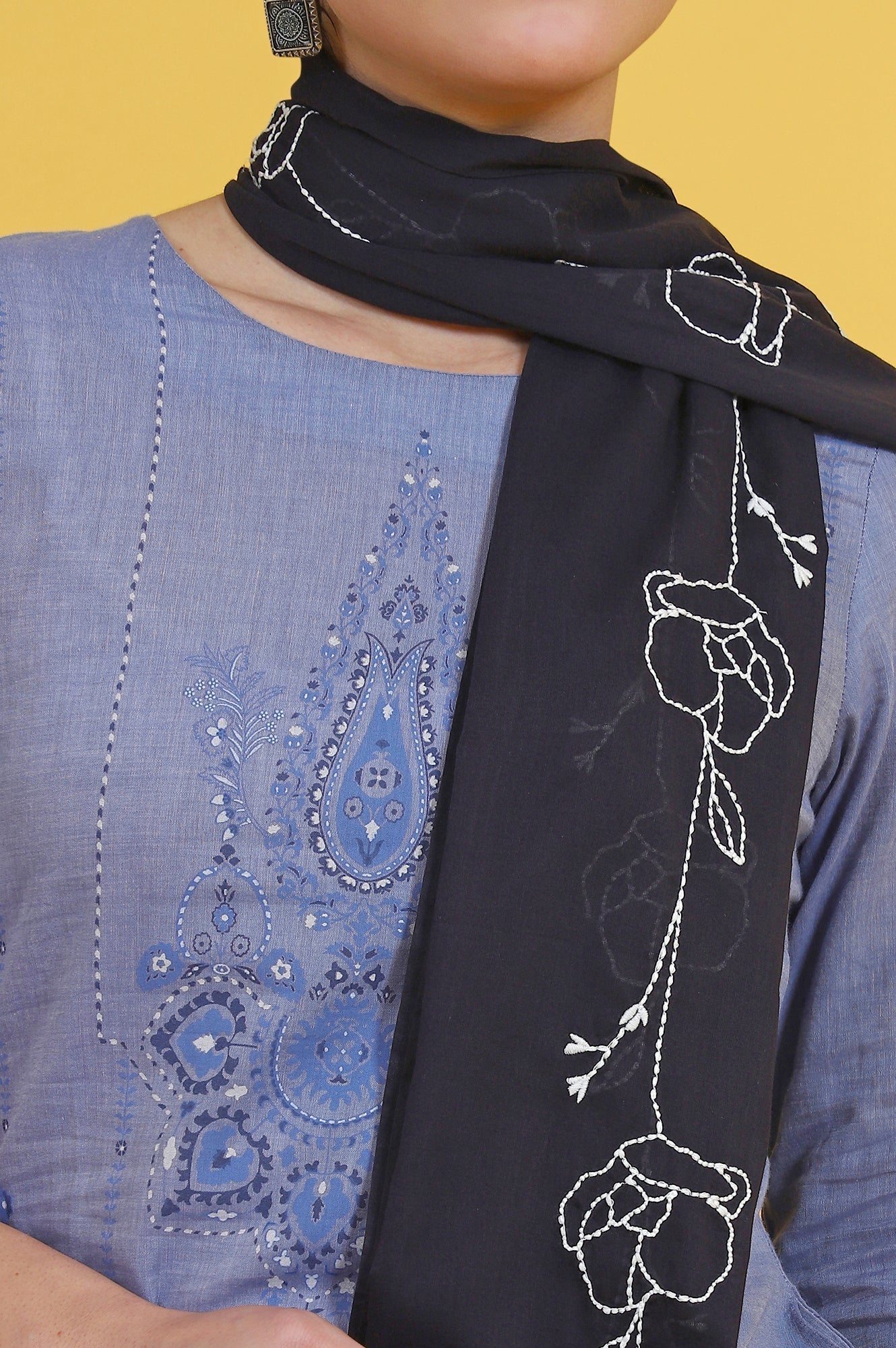 W for Woman Black Thread Embroidered Cotton Voile Dupatta | Grocsy