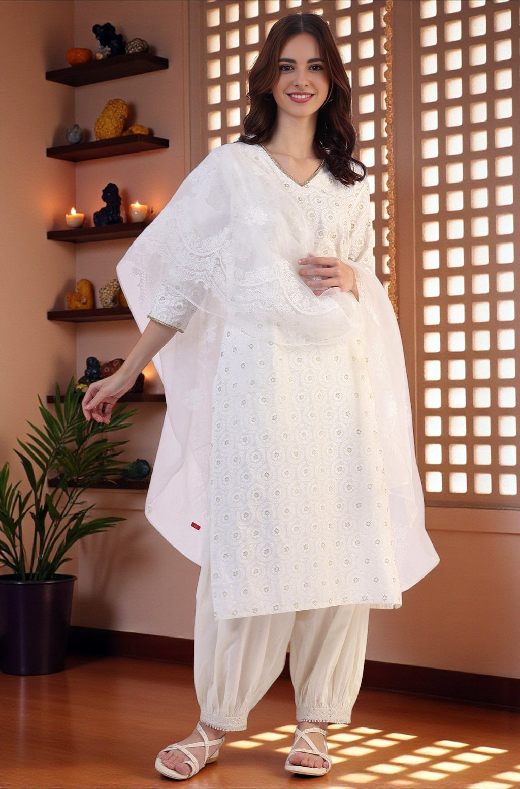 W for Woman White Floral Printed Polyester Dupatta | Grocsy