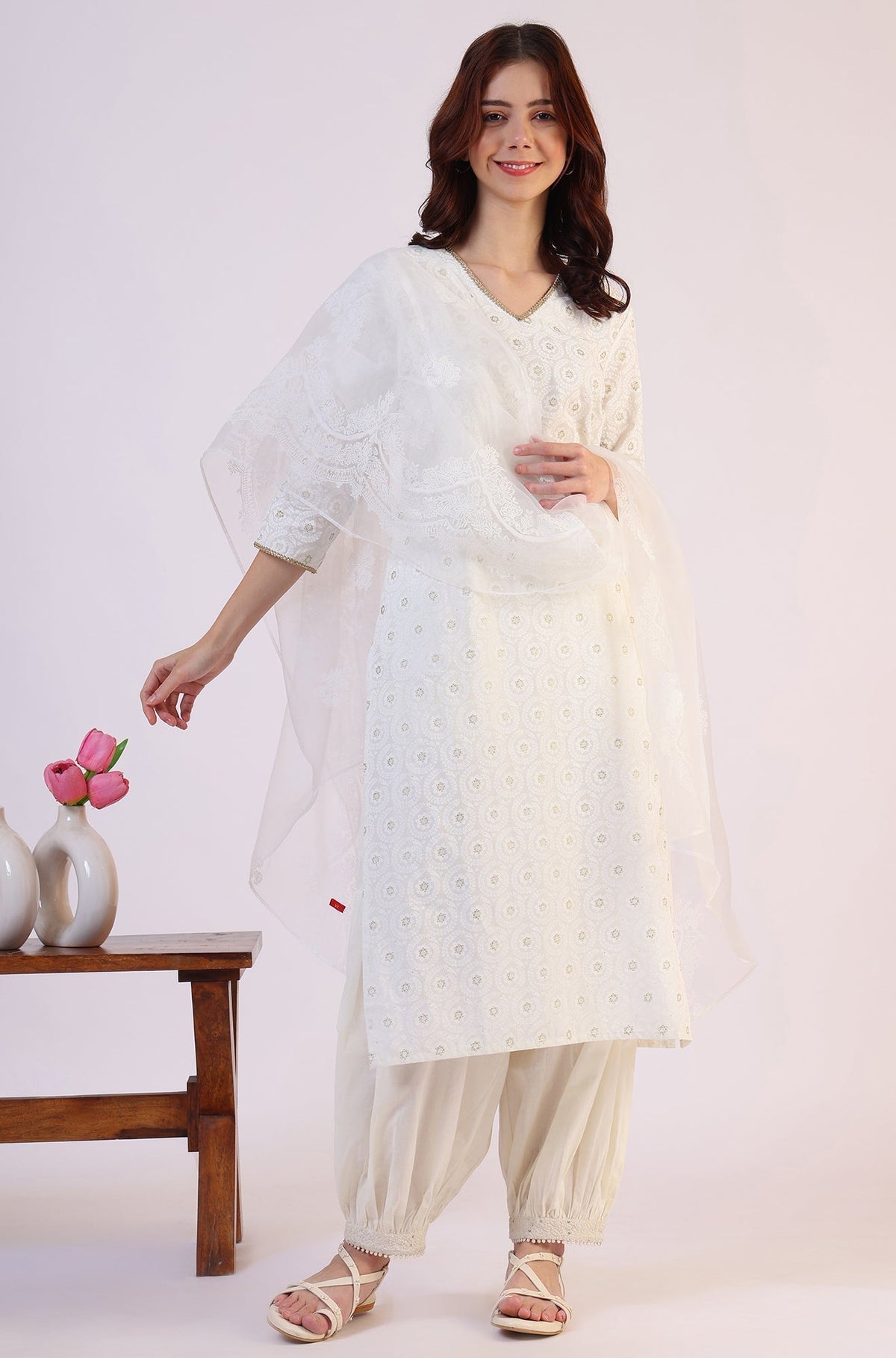 W for Woman White Floral Printed Polyester Dupatta | Grocsy