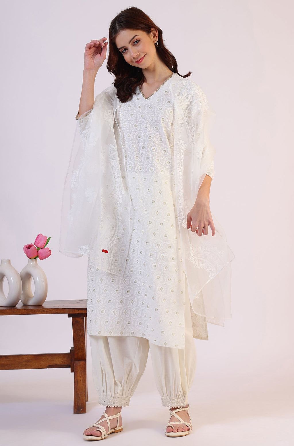 W for Woman White Floral Printed Polyester Dupatta | Grocsy