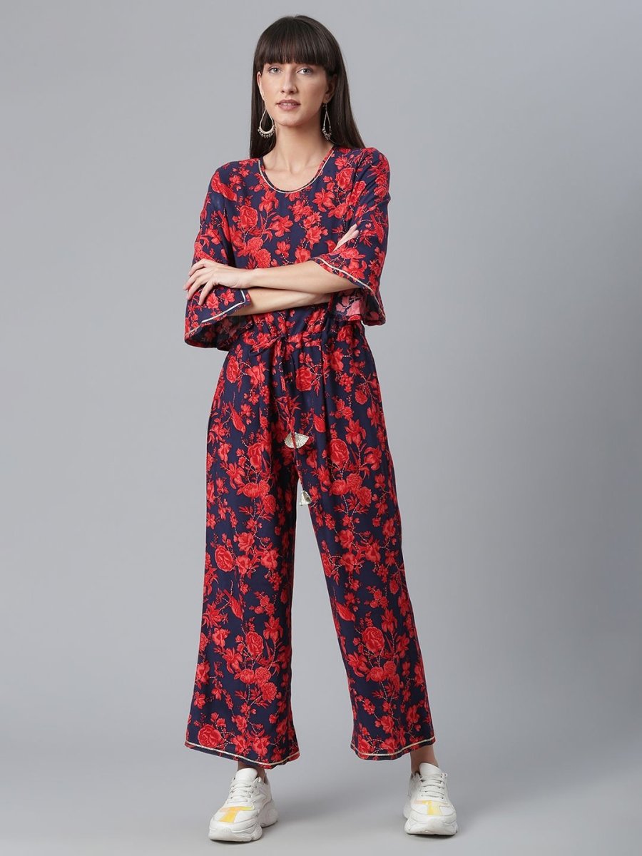 Ahalyaa Womens Navy & Red Rayon Printed Jumpsuit | Grocsy