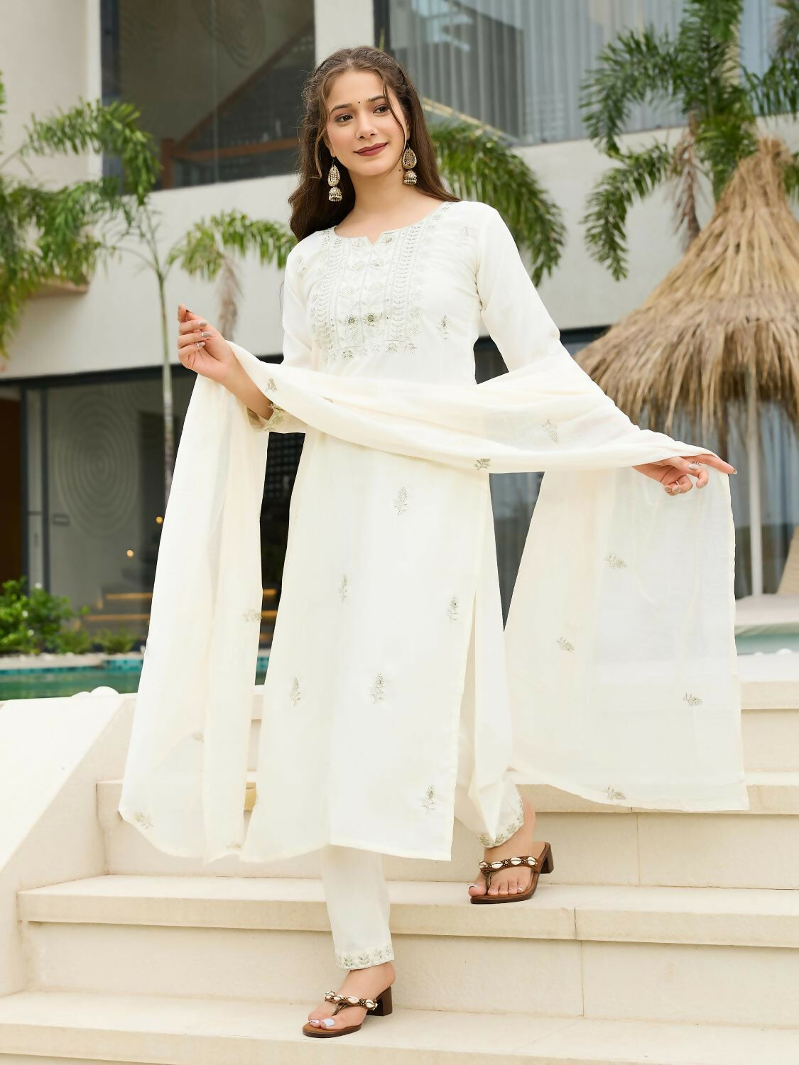 The52 White Women's Beautiful Rayon Slub Fabric Embroidered Work Straight Kurta, Pant and Dupatta Set | Grocsy