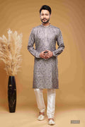 Raivat Ethnic Art Silk Digital Print Pintux Work Kurta Pajama In Grey Colour | Grocsy