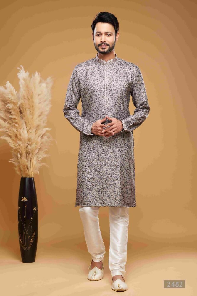 Raivat Ethnic Art Silk Digital Print Pintux Work Kurta Pajama In Grey Colour | Grocsy