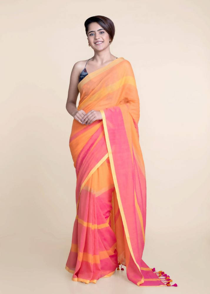 Suta Orange Pink Striped Mul Saree | Grocsy