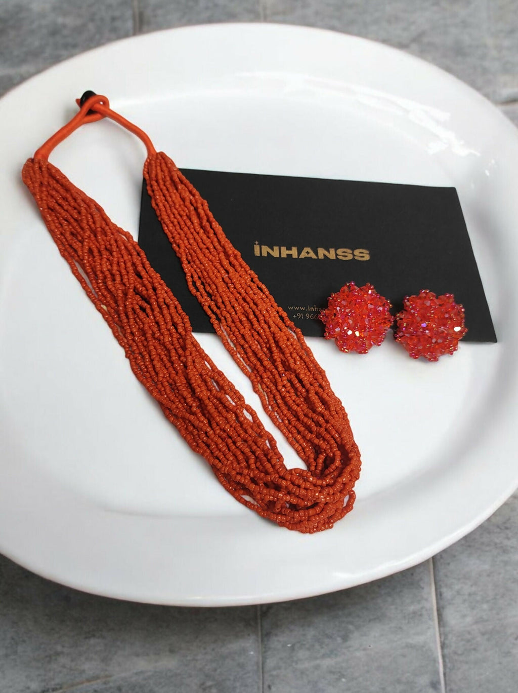 Inhanns Vibrant Handmade 20 Layers Beaded Necklace With Matching Earrings - Orange | Grocsy