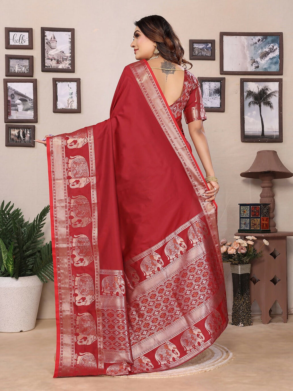 Joban Fashion Red Solid Banarasi Silk Sarees | Grocsy