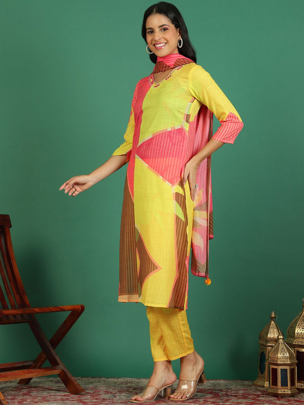 Sangria Printed V- Neck Kurta & Trousers With Dupatta | Grocsy