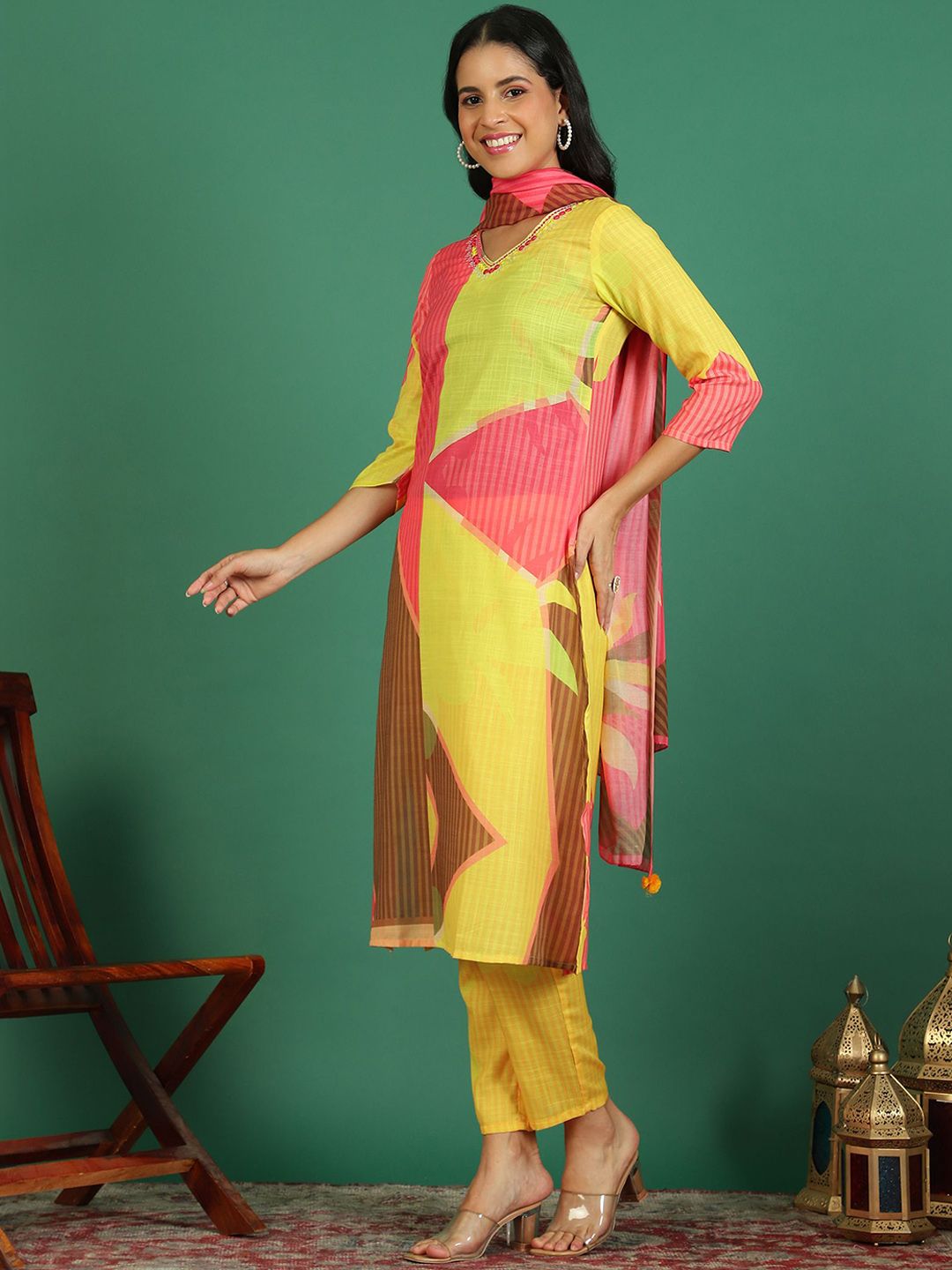 Sangria Printed V- Neck Kurta & Trousers With Dupatta | Grocsy