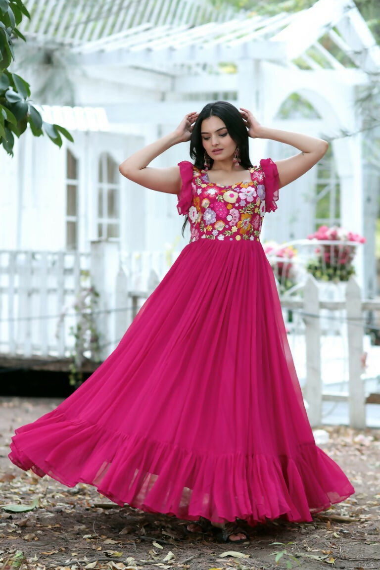 Jyoti Fashion Women's Rani Pink Sequins Thread Embroidery Faux Blooming Anarkali Dress | Grocsy